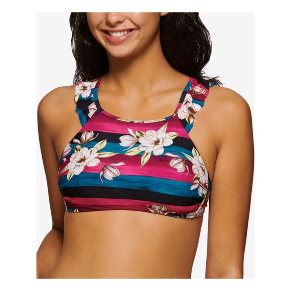 HULA HONEY Women's Pink Floral Ruffled Sweet Bloom High Neck Swimsuit Top M - Picture 1 of 1